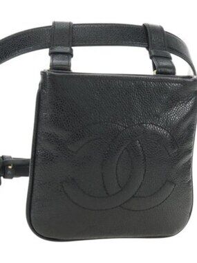 CHANEL Waist Bag Grained Calf Skin Black Gold CC Auth bs35525V